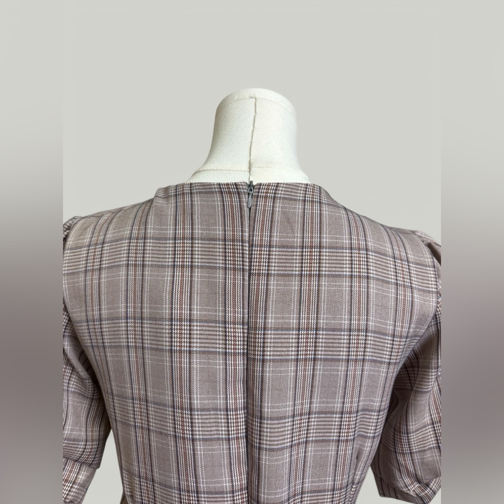 Plaid Dress Women Size Medium Brown Midi Sweetheart Neckline Puff Short Sleeves - Picture 7 of 11